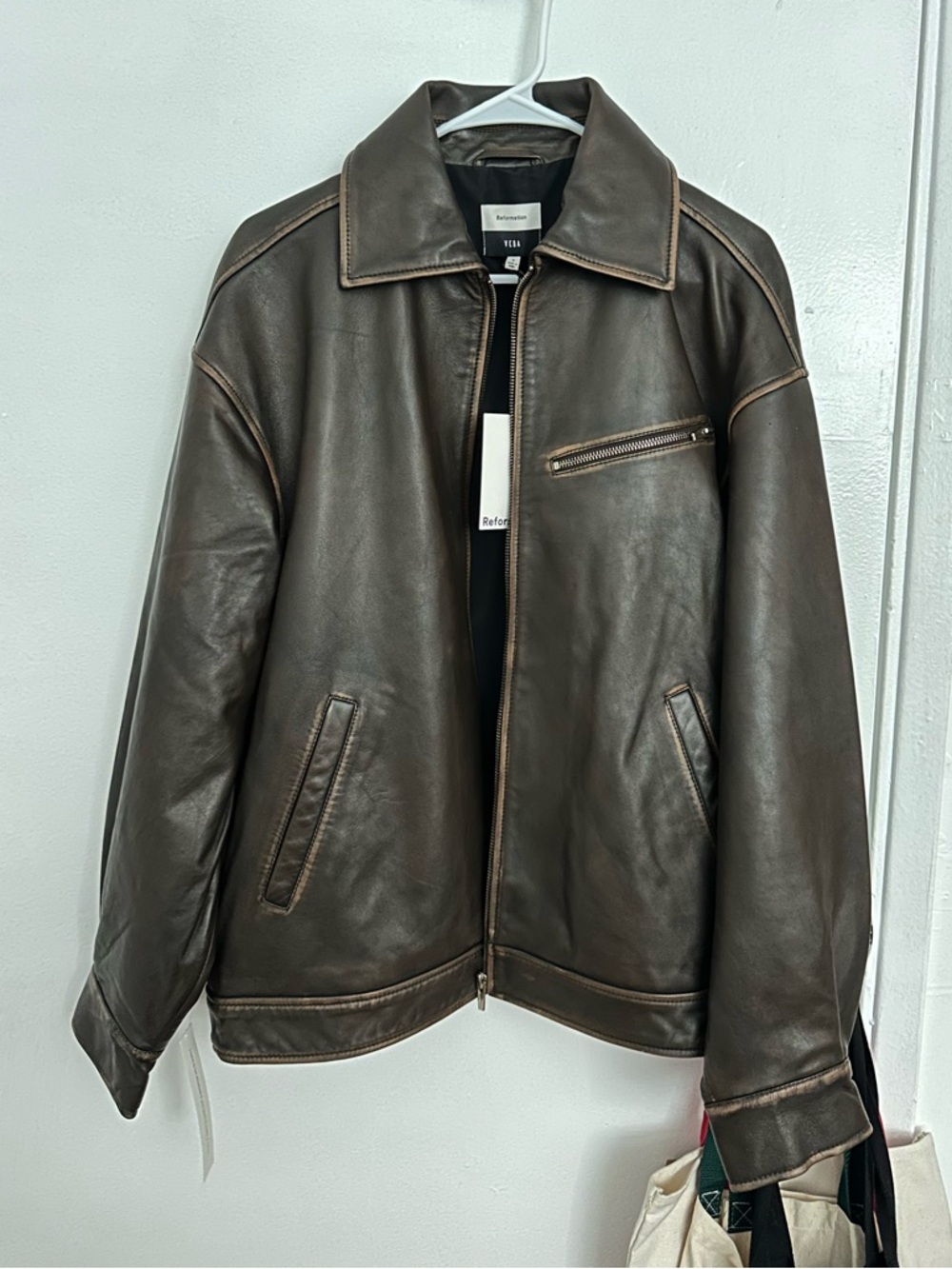 Reformation Veda Marco Leather Oversized Bomber Pit Stop Brown Jacket - Picture 9 of 16